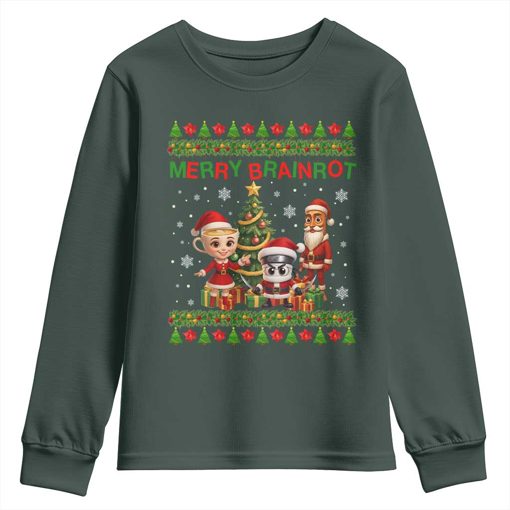 Merry Brainrot Youth Sweatshirt Funny Ugly Christmas Italian Meme Gift TS12 Dark Forest Green Print Your Wear