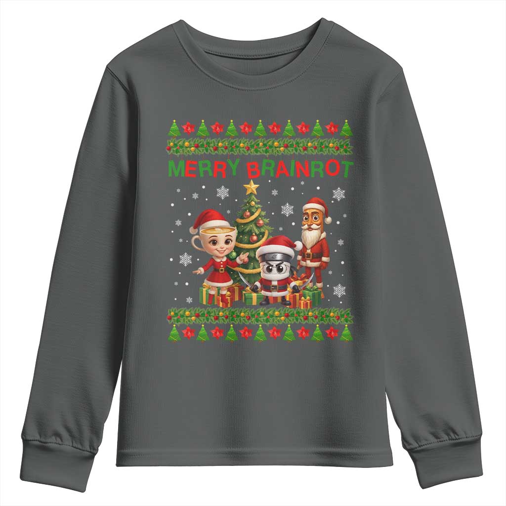 Merry Brainrot Youth Sweatshirt Funny Ugly Christmas Italian Meme Gift TS12 Dark Heather Print Your Wear