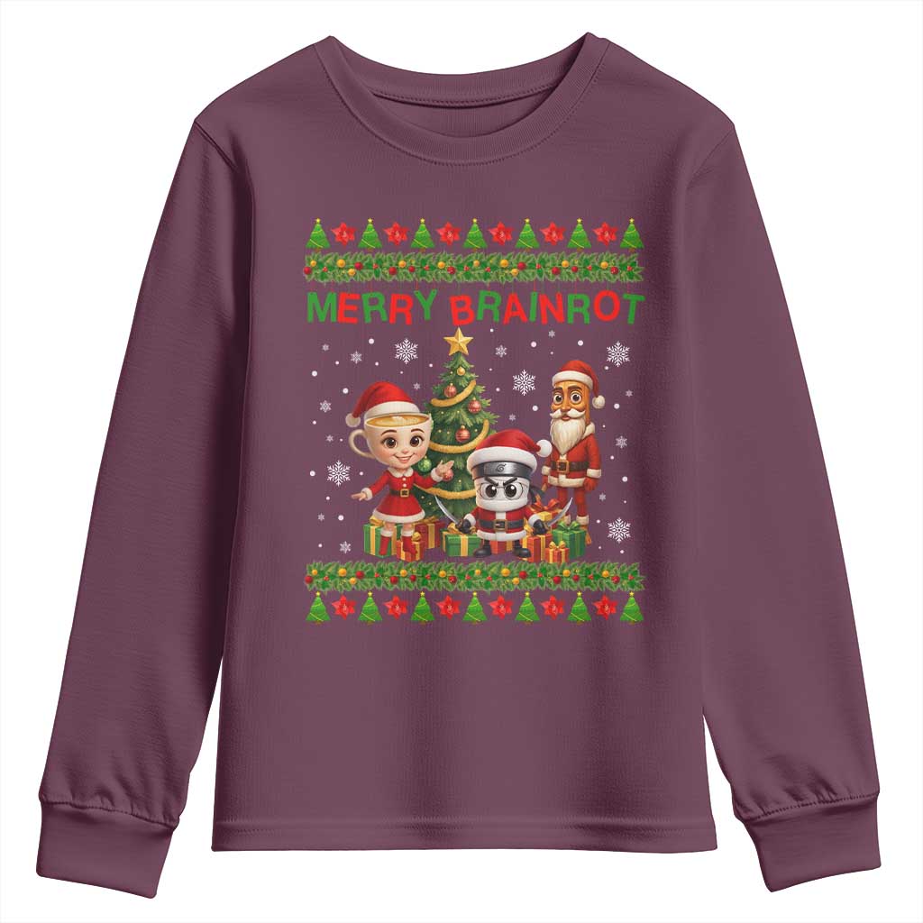 Merry Brainrot Youth Sweatshirt Funny Ugly Christmas Italian Meme Gift TS12 Maroon Print Your Wear