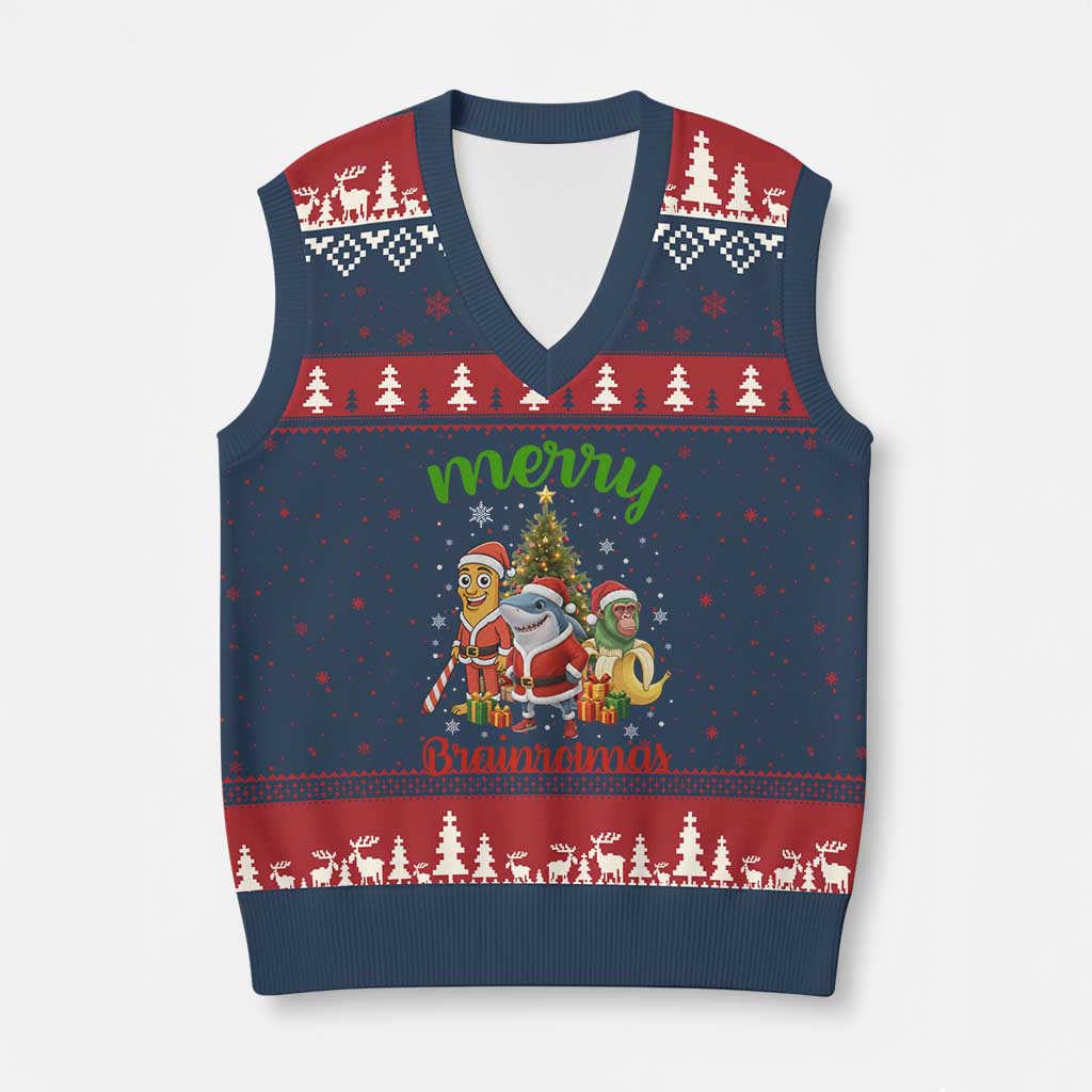 Merry Brainrotmas V-Neck Knit Sweater Vest Funny Italian Brainrot Meme Christmas TS12 Navy Red Print Your Wear