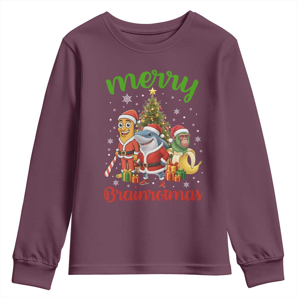 Merry Brainrotmas Youth Sweatshirt Funny Italian Brainrot Meme Christmas TS12 Maroon Print Your Wear