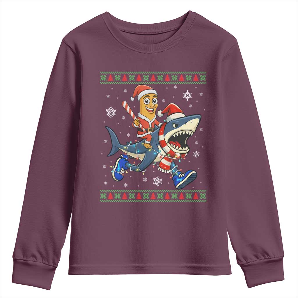 Funny Tung Tung Sahur Riding Tralala Youth Sweatshirt Ugly Chritstmas Italian Brainrot Meme TS12 Maroon Print Your Wear
