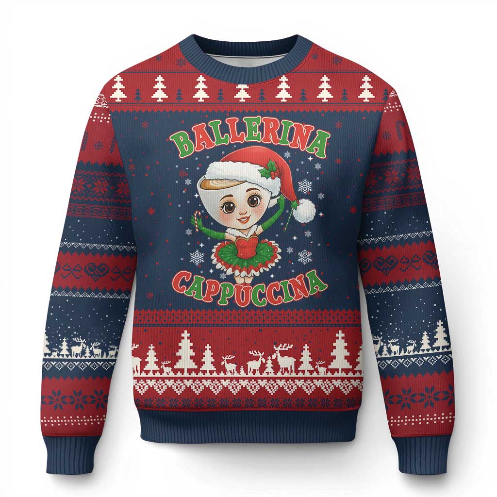 Ballerina Cappuccina Ugly Christmas Sweater Funny Italian Brainrot Meme Xmas Gift TS12 Navy Red Print Your Wear