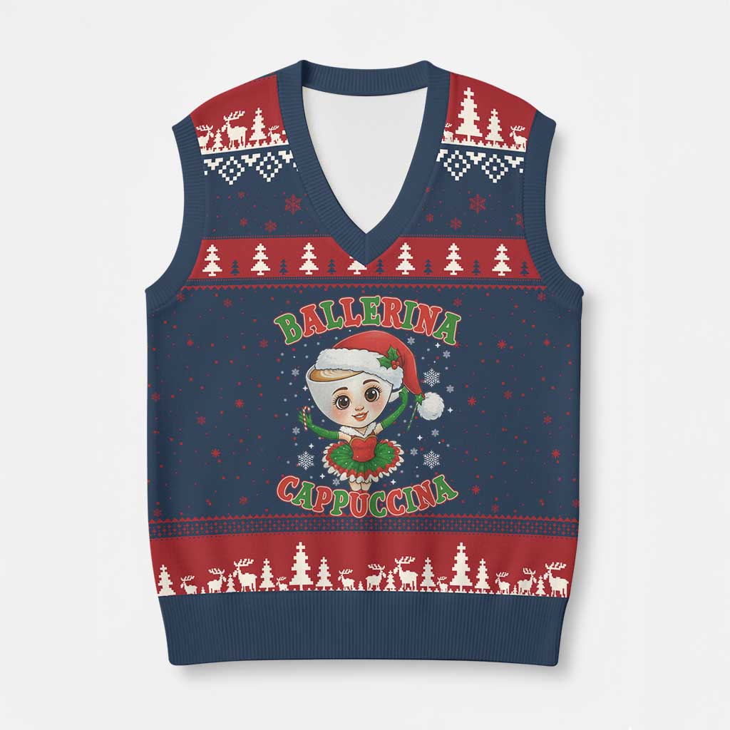 Ballerina Cappuccina V-Neck Knit Sweater Vest Funny Italian Brainrot Meme Xmas Gift TS12 Navy Red Print Your Wear