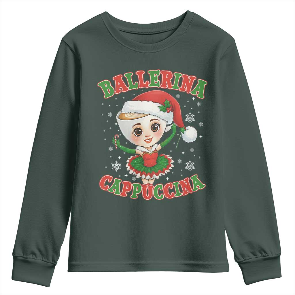 Ballerina Cappuccina Youth Sweatshirt Funny Italian Brainrot Meme Christmas Gift TS12 Dark Forest Green Print Your Wear