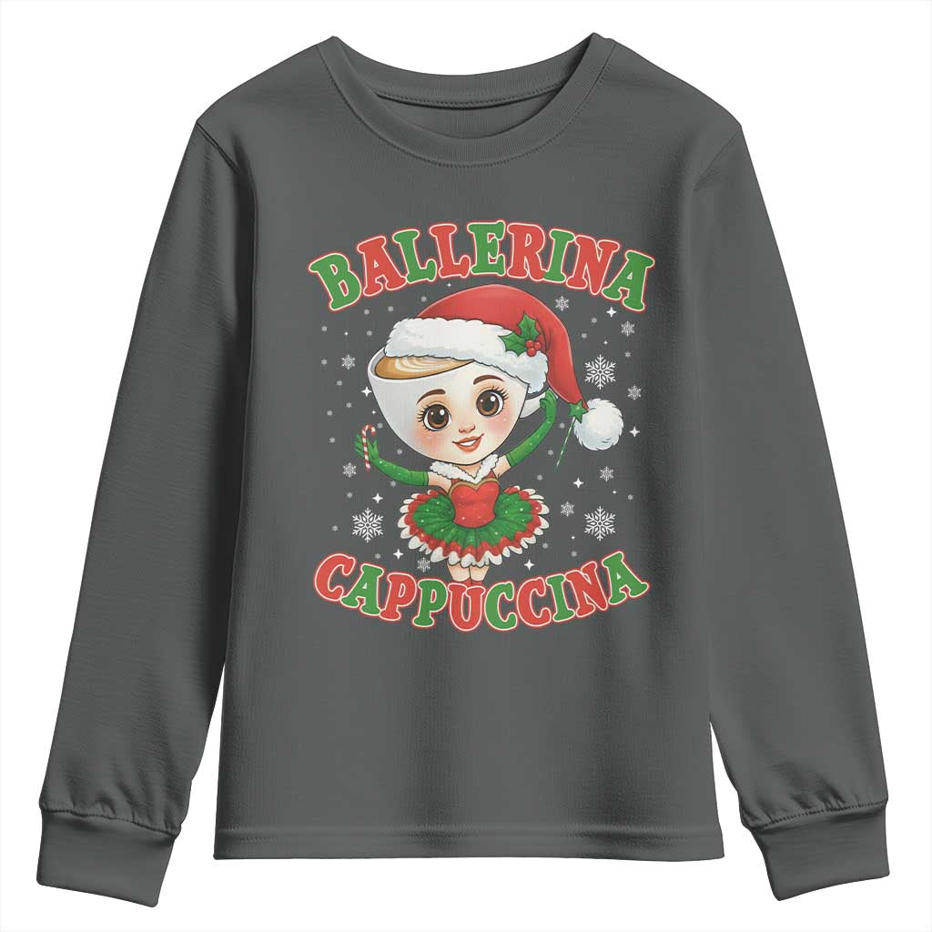 Ballerina Cappuccina Youth Sweatshirt Funny Italian Brainrot Meme Christmas Gift TS12 Dark Heather Print Your Wear