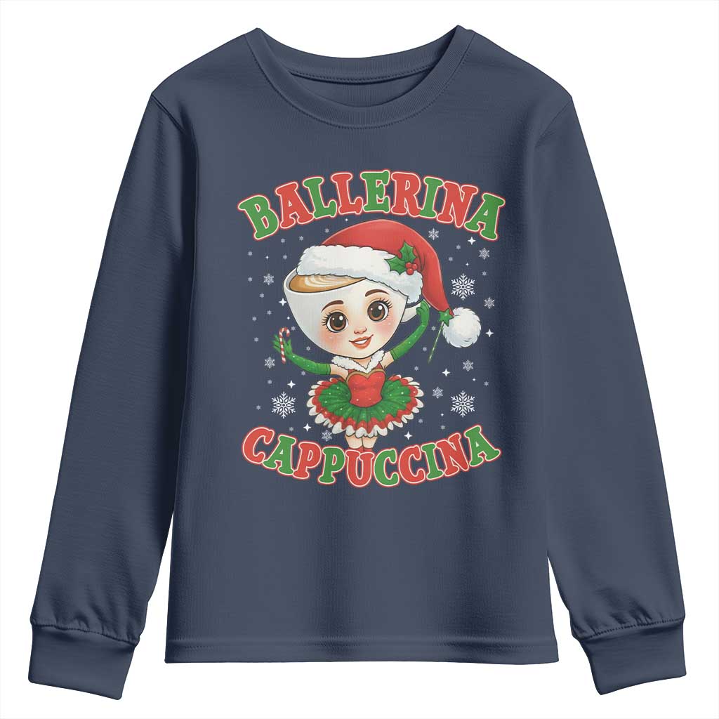 Ballerina Cappuccina Youth Sweatshirt Funny Italian Brainrot Meme Christmas Gift TS12 Navy Print Your Wear