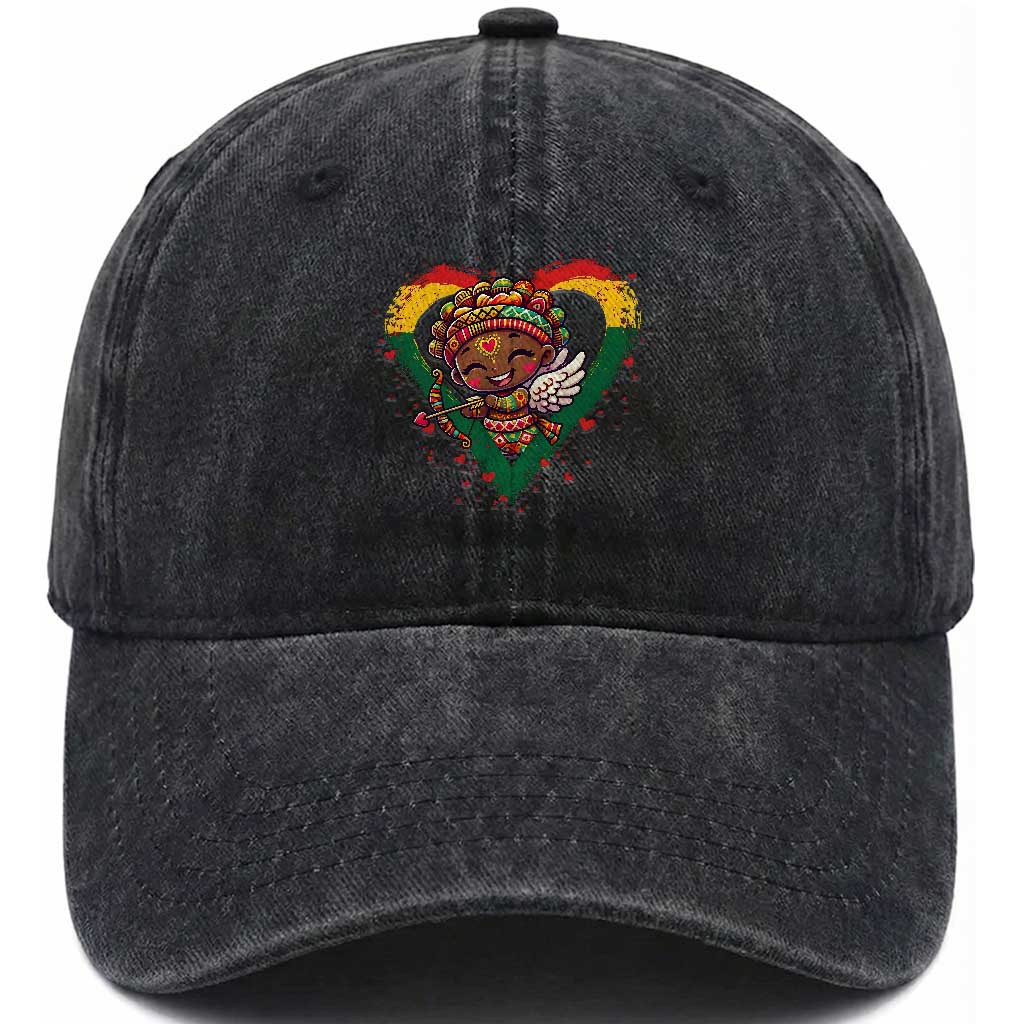 Cute Black Cupid Washed Cotton Baseball Cap Melanin Pride Valentines Day Gift TS12 Print Your Wear