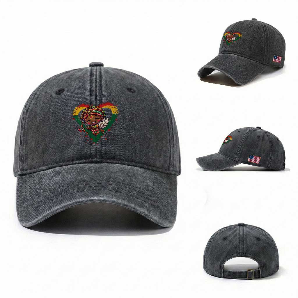 Cute Black Cupid Washed Cotton Baseball Cap Melanin Pride Valentines Day Gift TS12 Washed Cap Universal Fit Dark Gray Print Your Wear