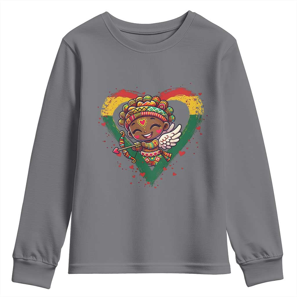 Cute Black Cupid Youth Sweatshirt Melanin Pride Valentines Day Gift TS12 Charcoal Print Your Wear