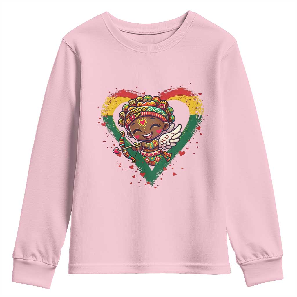 Cute Black Cupid Youth Sweatshirt Melanin Pride Valentines Day Gift TS12 Light Pink Print Your Wear