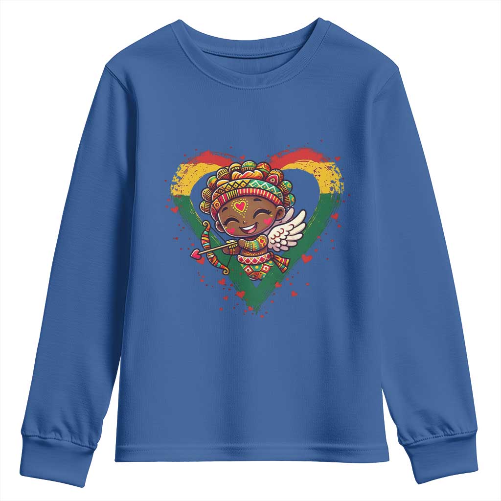 Cute Black Cupid Youth Sweatshirt Melanin Pride Valentines Day Gift TS12 Royal Blue Print Your Wear