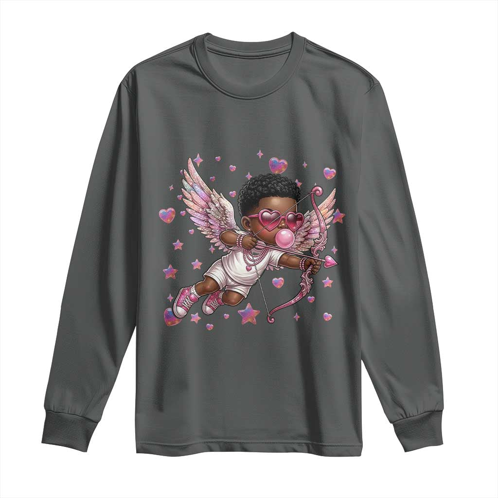 Cute Black Cupid Long Sleeve Shirt African American Valentines Day Gift TS12 Dark Heather Print Your Wear