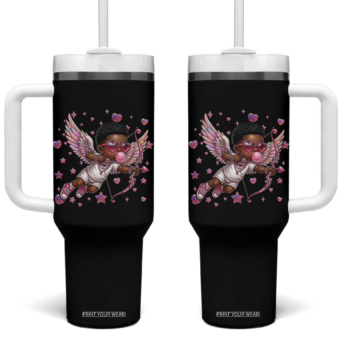 Cute Black Cupid Tumbler With Handle African American Valentines Day Gift TS12 One Size: 40 oz Black Print Your Wear