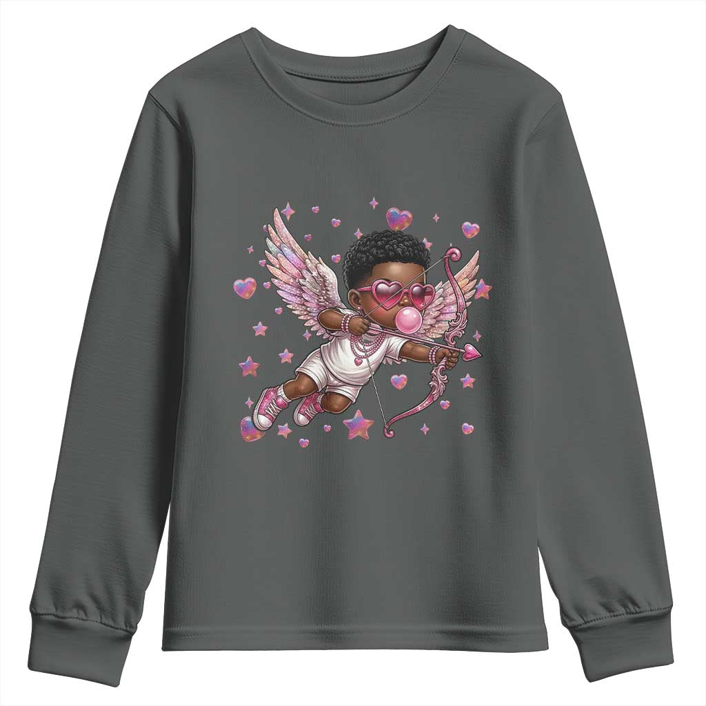 Cute Black Cupid Youth Sweatshirt African American Valentines Day Gift TS12 Dark Heather Print Your Wear