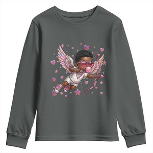 Cute Black Cupid Youth Sweatshirt African American Valentines Day Gift TS12 Dark Heather Print Your Wear