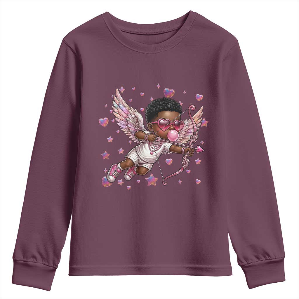 Cute Black Cupid Youth Sweatshirt African American Valentines Day Gift TS12 Maroon Print Your Wear