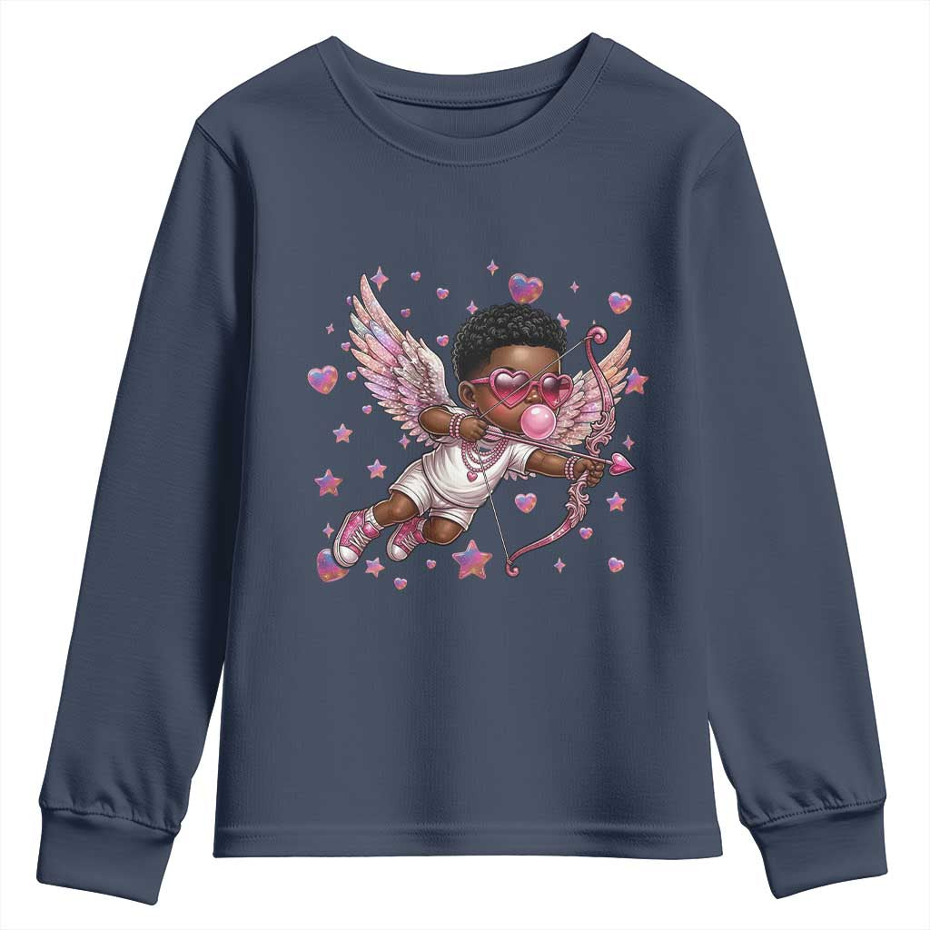 Cute Black Cupid Youth Sweatshirt African American Valentines Day Gift TS12 Navy Print Your Wear