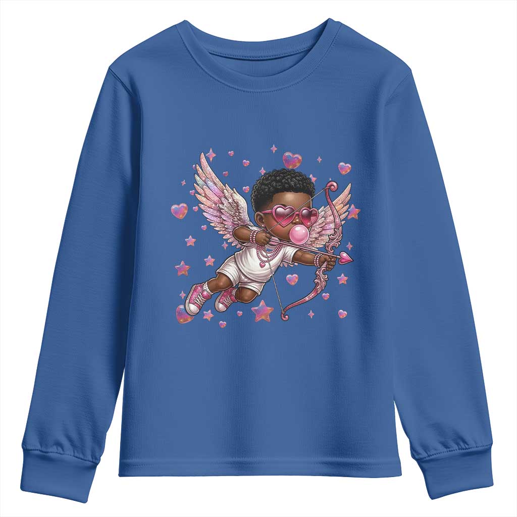Cute Black Cupid Youth Sweatshirt African American Valentines Day Gift TS12 Royal Blue Print Your Wear