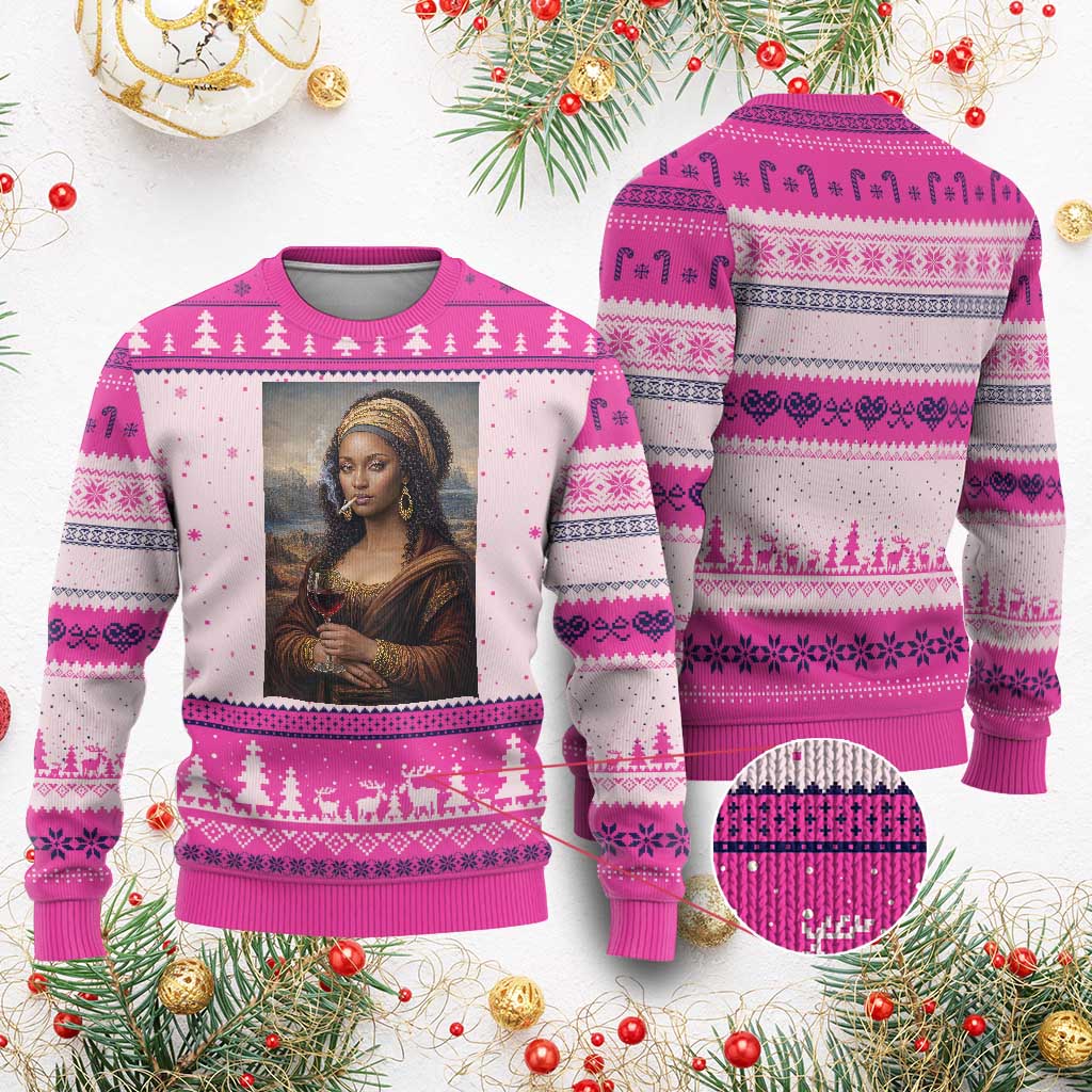 Funny Black Mona Lisa Ugly Christmas Sweater Melanin Queen Black History Month TS12 Hot Pink Print Your Wear