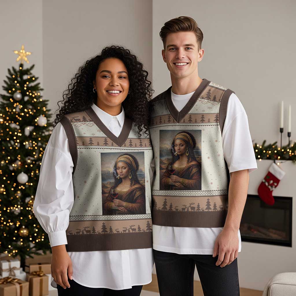 Funny Black Mona Lisa V-Neck Knit Sweater Vest Melanin Queen Black History Month TS12 Mocha Mousse Print Your Wear