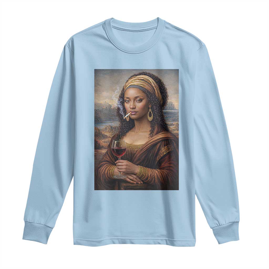 Funny Black Mona Lisa Long Sleeve Shirt Melanin Queen Black History Month TS12 Light Blue Print Your Wear