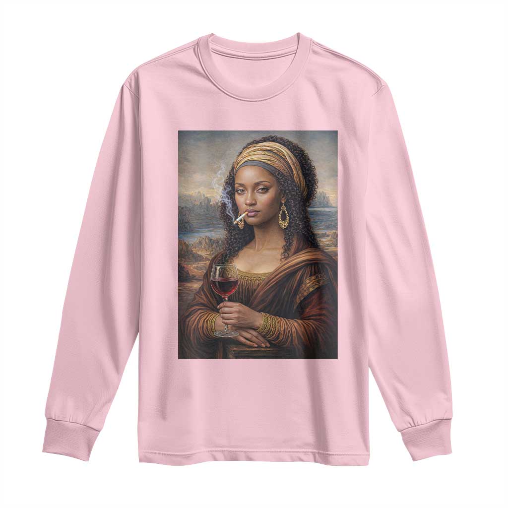 Funny Black Mona Lisa Long Sleeve Shirt Melanin Queen Black History Month TS12 Light Pink Print Your Wear
