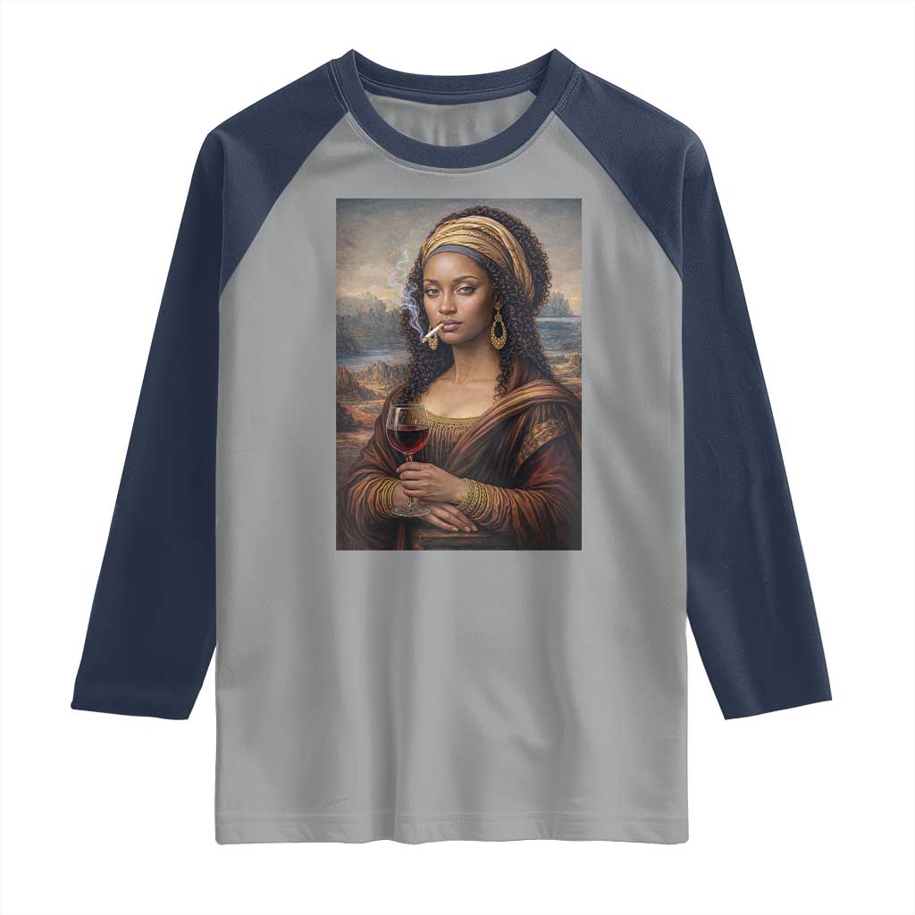 Funny Black Mona Lisa Raglan Shirt Melanin Queen Black History Month TS12 Sport Gray Navy Print Your Wear