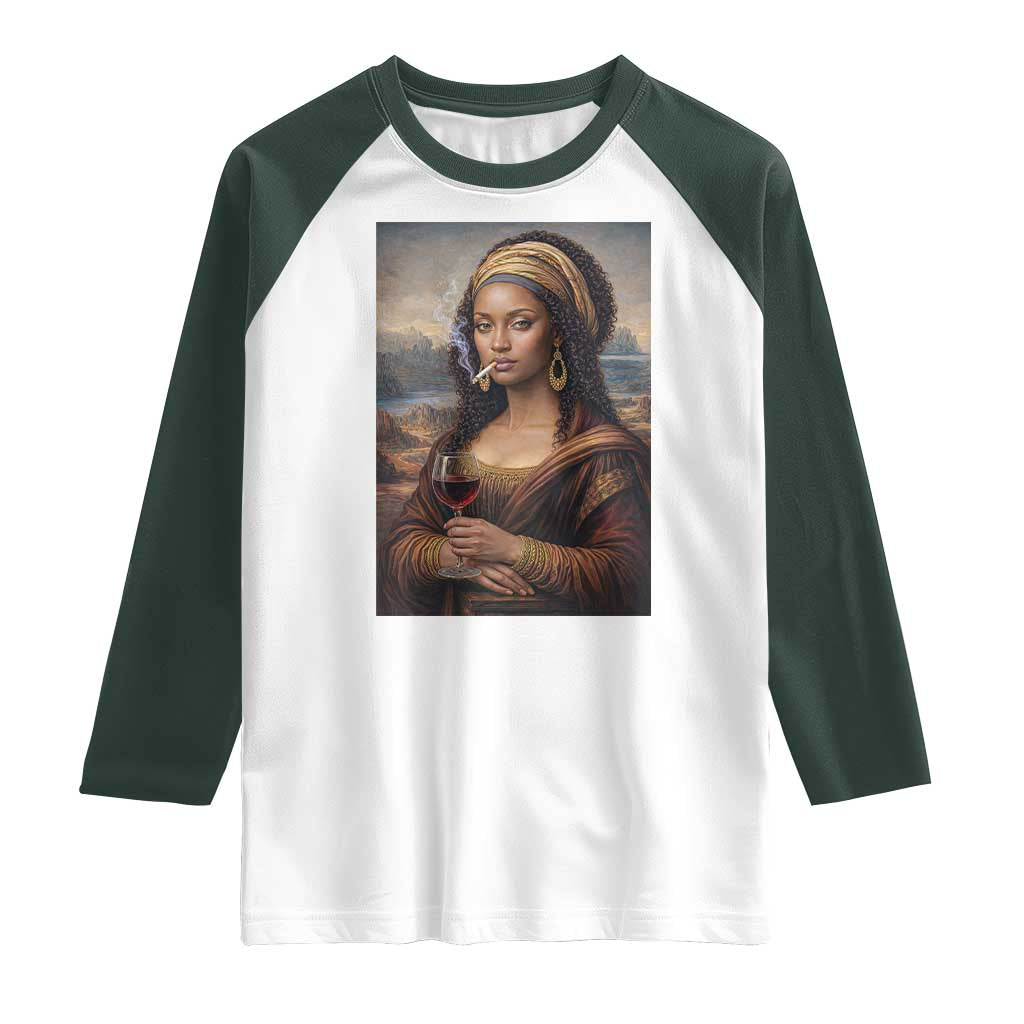 Funny Black Mona Lisa Raglan Shirt Melanin Queen Black History Month TS12 White Dark Forest Green Print Your Wear
