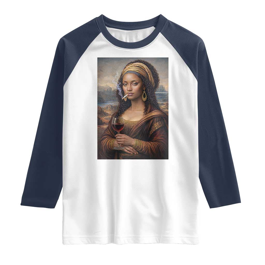 Funny Black Mona Lisa Raglan Shirt Melanin Queen Black History Month TS12 White Navy Print Your Wear