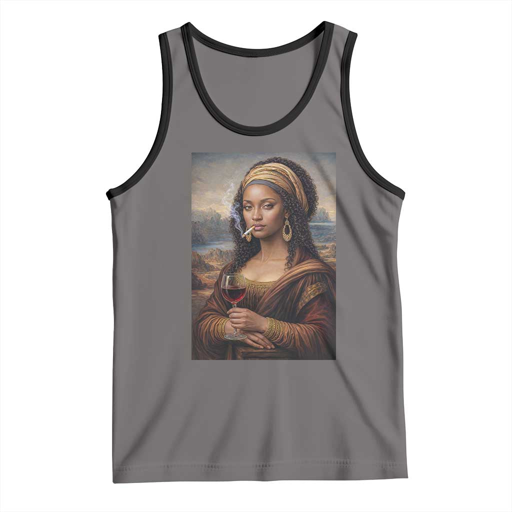 Funny Black Mona Lisa Tank Top Melanin Queen Black History Month TS12 Deep Heather Black Print Your Wear