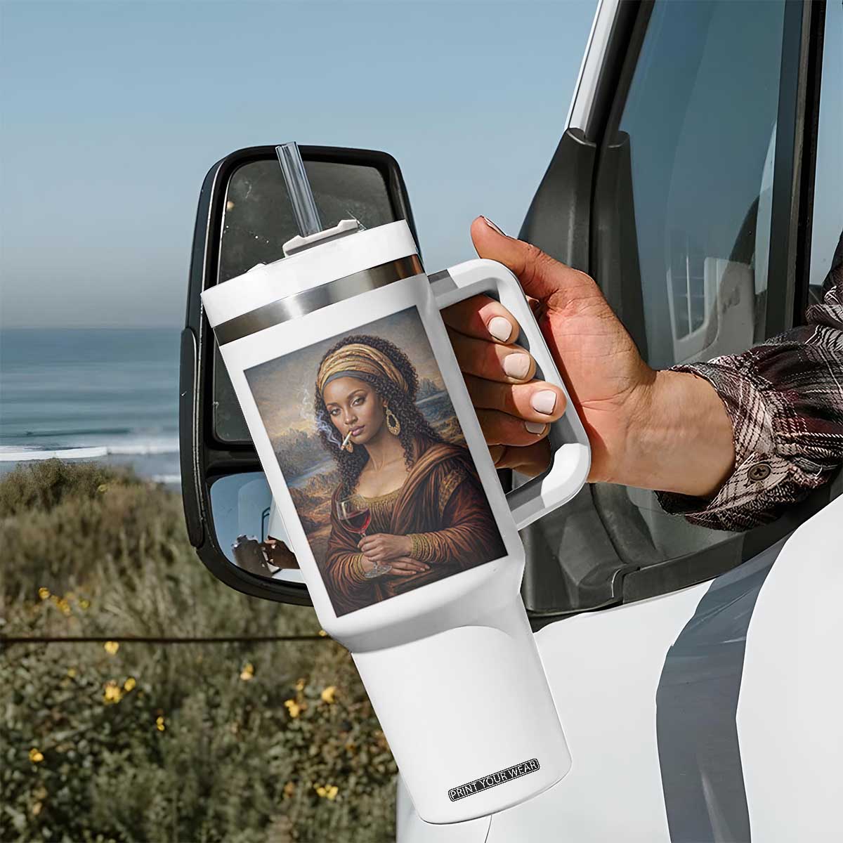 Funny Black Mona Lisa Tumbler With Handle Melanin Queen Black History Month TS12 Print Your Wear