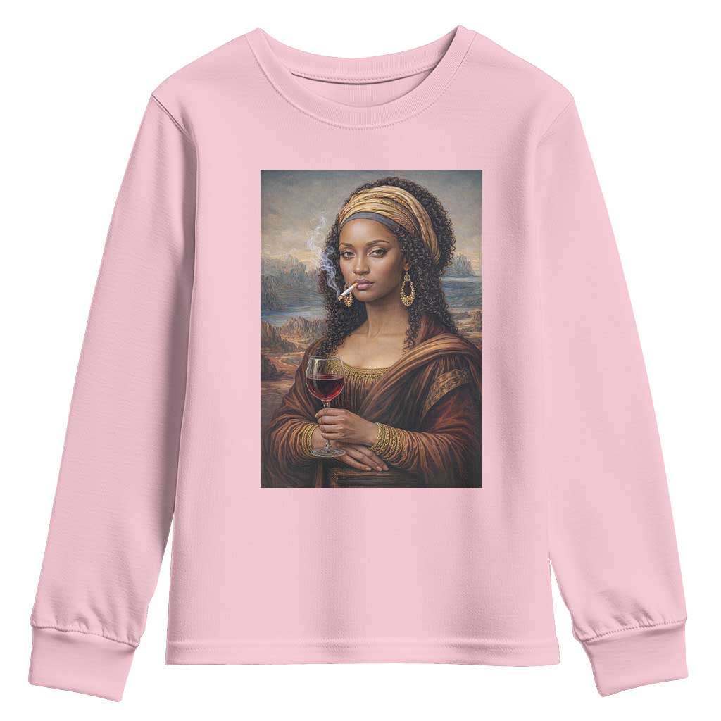 Funny Black Mona Lisa Youth Sweatshirt Melanin Queen Black History Month TS12 Light Pink Print Your Wear