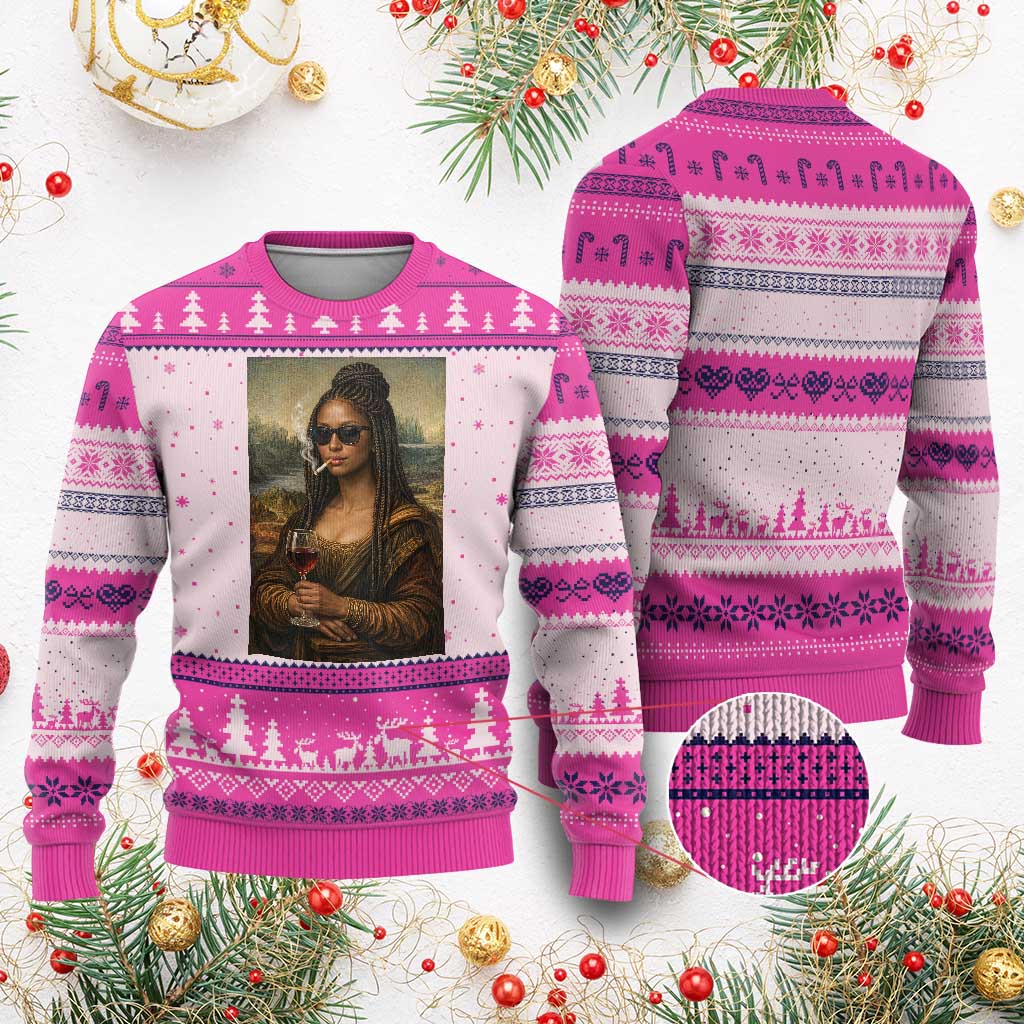 Black Mona Lisa African American Ugly Christmas Sweater Black History Month TS12 Hot Pink Print Your Wear