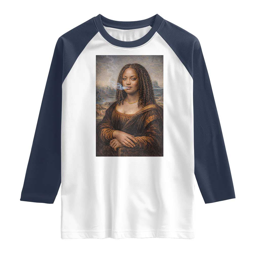 Funny Black Mona Lisa Raglan Shirt African American Pride TS12 White Navy Print Your Wear