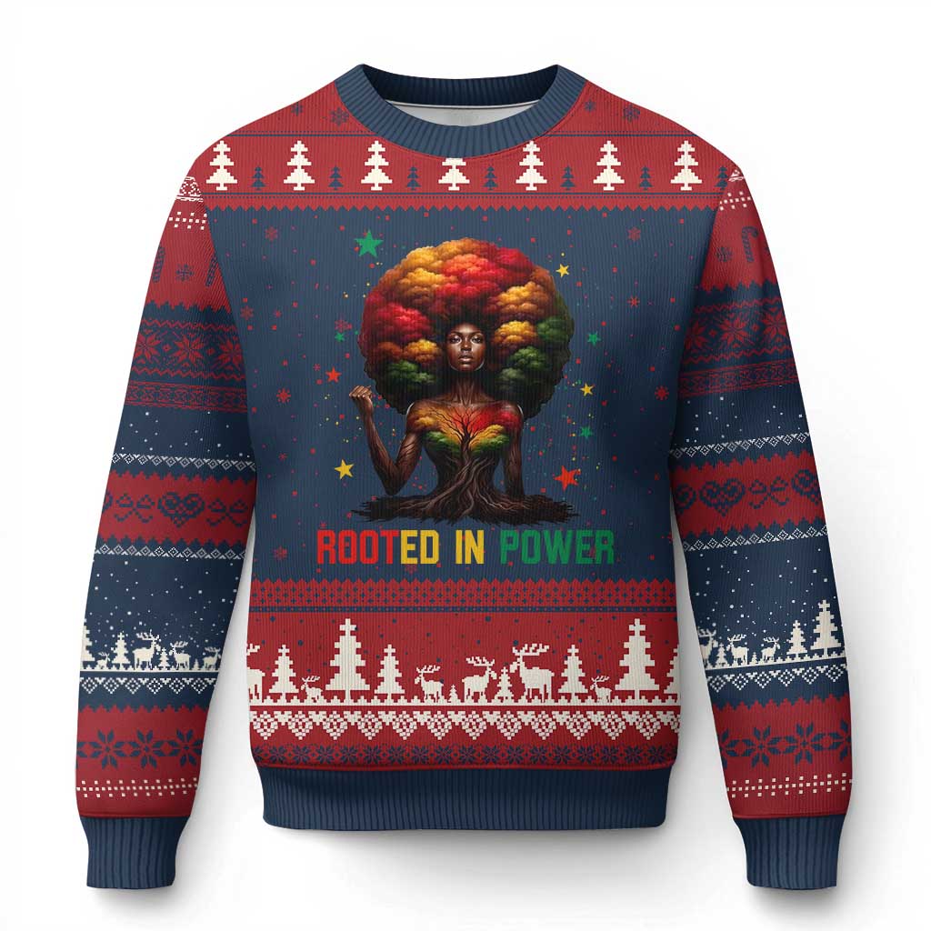 Melanin Queen Rooted In Power Ugly Christmas Sweater African American Afro Tree Of Life TS12 Navy Red Print Your Wear