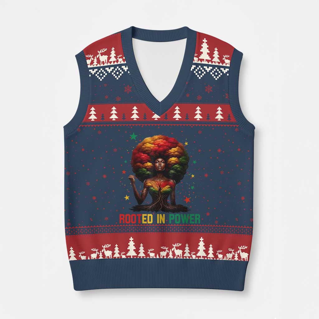 Melanin Queen Rooted In Power V-Neck Knit Sweater Vest African American Afro Tree Of Life TS12 Navy Red Print Your Wear