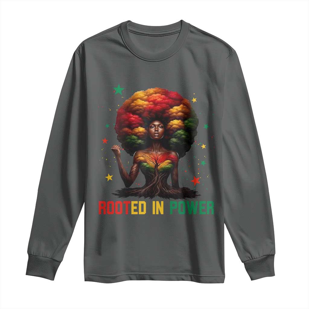 Melanin Queen Rooted In Power Long Sleeve Shirt African American Afro Tree Of Life TS12 Dark Heather Print Your Wear