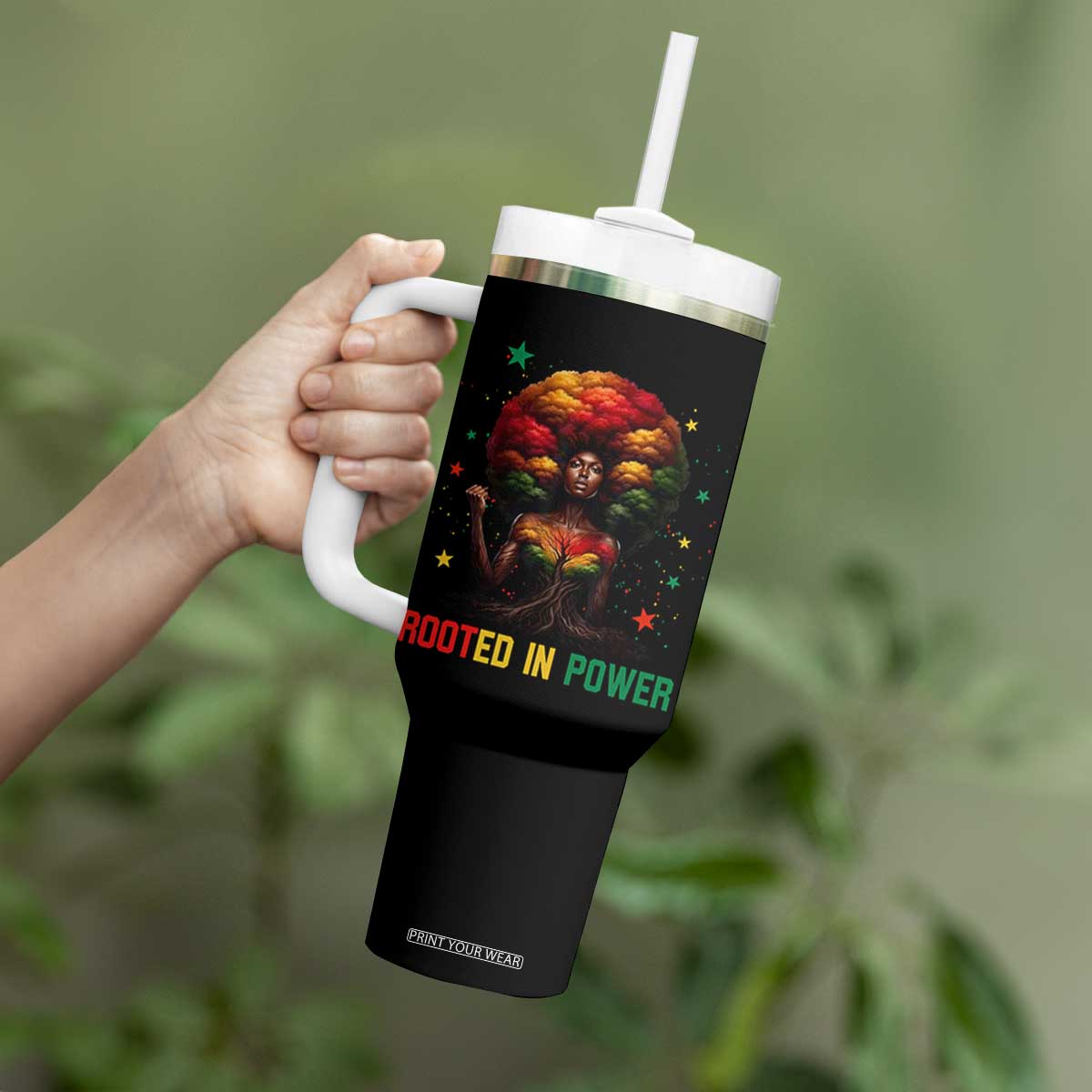 Melanin Queen Rooted In Power Tumbler With Handle African American Afro Tree Of Life TS12 Print Your Wear