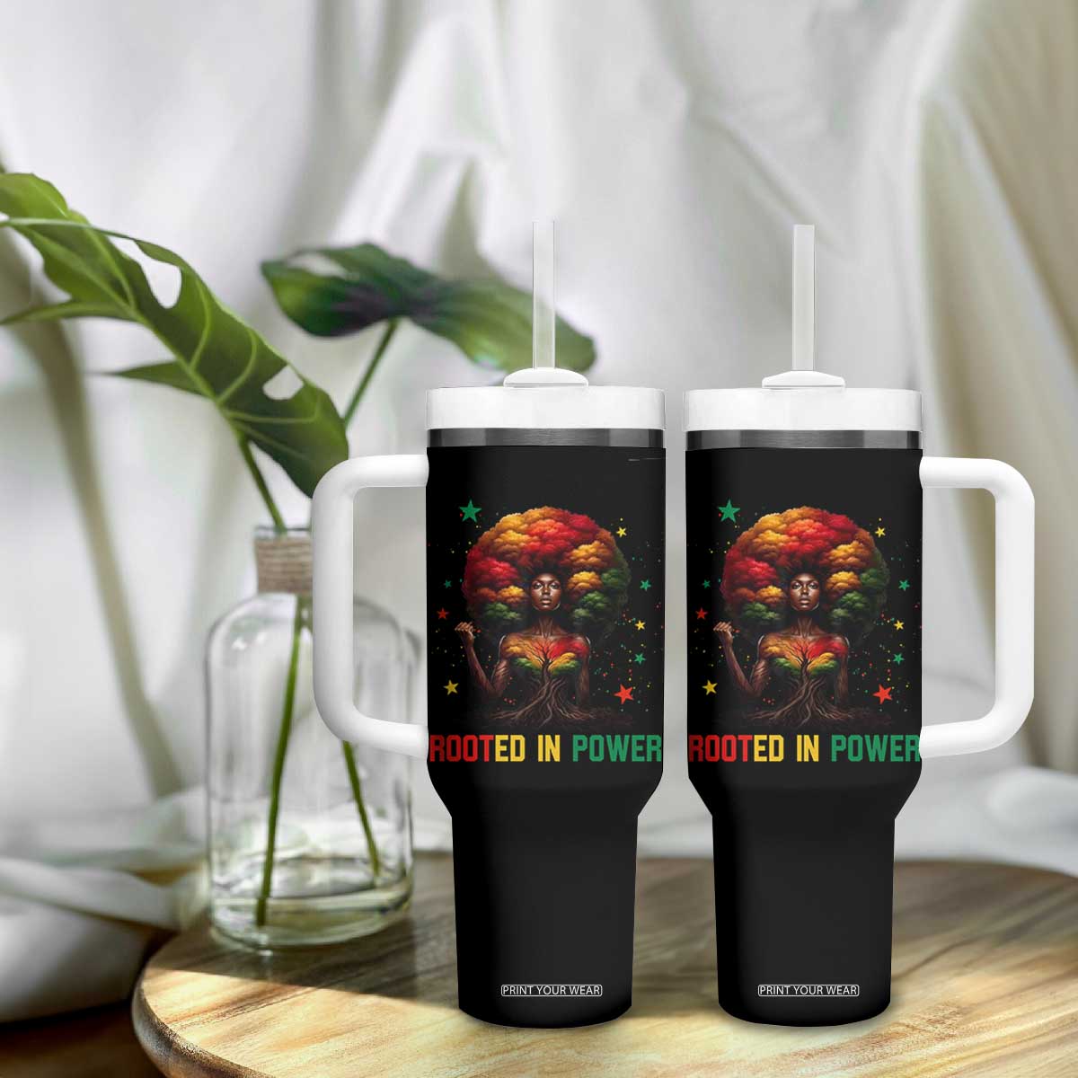 Melanin Queen Rooted In Power Tumbler With Handle African American Afro Tree Of Life TS12 Print Your Wear