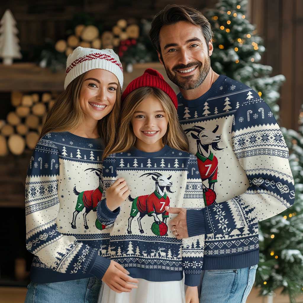 Number Seven Soccer GOAT Siuuuu Celebration Ugly Christmas Sweater TS12 Beige Navy Print Your Wear