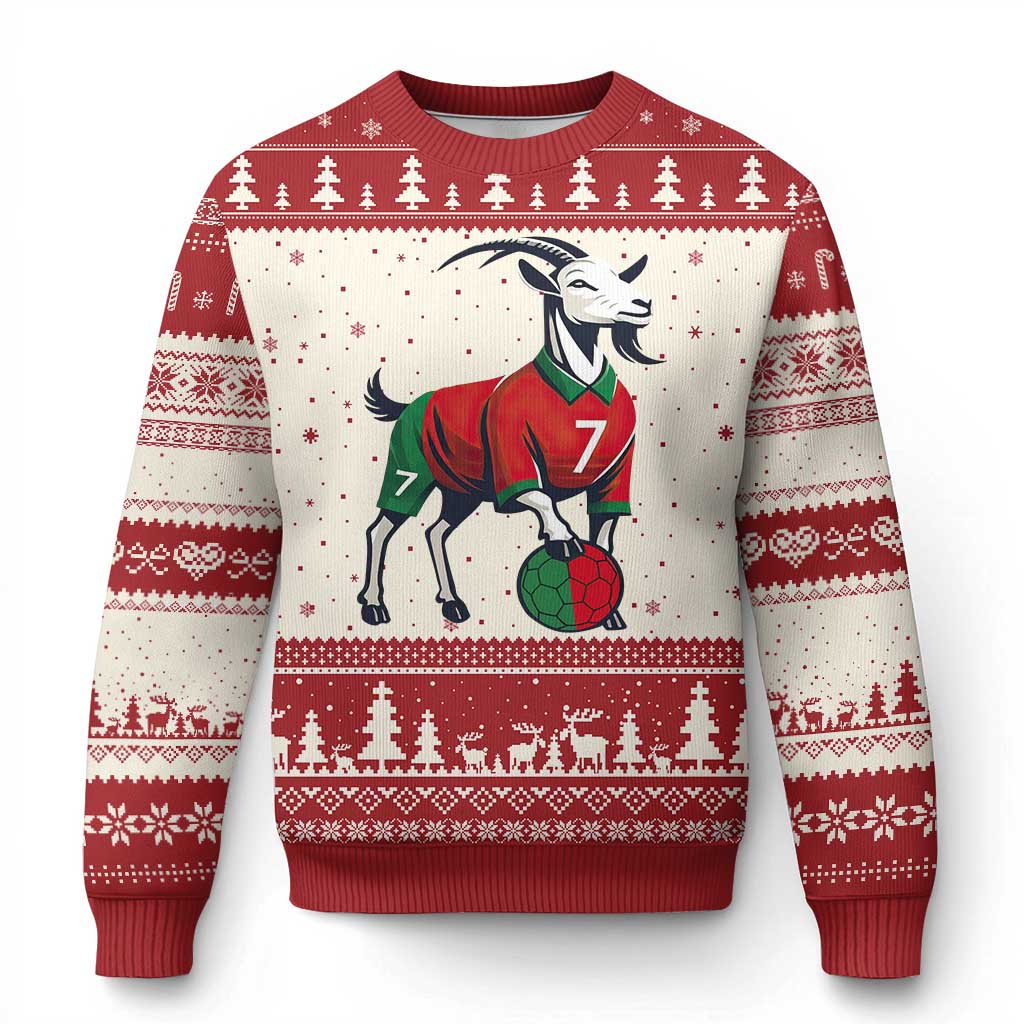 Number Seven Soccer GOAT Siuuuu Celebration Ugly Christmas Sweater TS12 Beige Red Print Your Wear