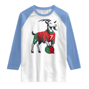 Number Seven Soccer GOAT Siuuuu Celebration Raglan Shirt TS12 White Carolina Blue Print Your Wear