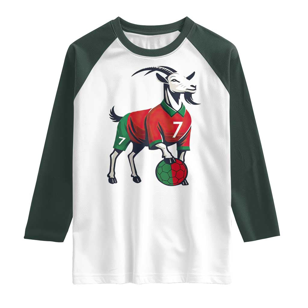 Number Seven Soccer GOAT Siuuuu Celebration Raglan Shirt TS12 White Dark Forest Green Print Your Wear