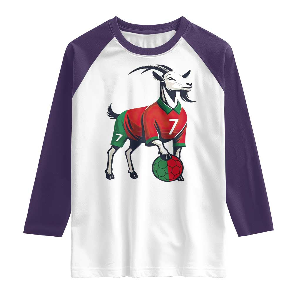 Number Seven Soccer GOAT Siuuuu Celebration Raglan Shirt TS12 White Purple Print Your Wear