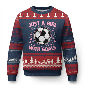 Just A Girl With Goals Ugly Christmas Sweater Soccer Player Girl TS12 Navy Red Print Your Wear