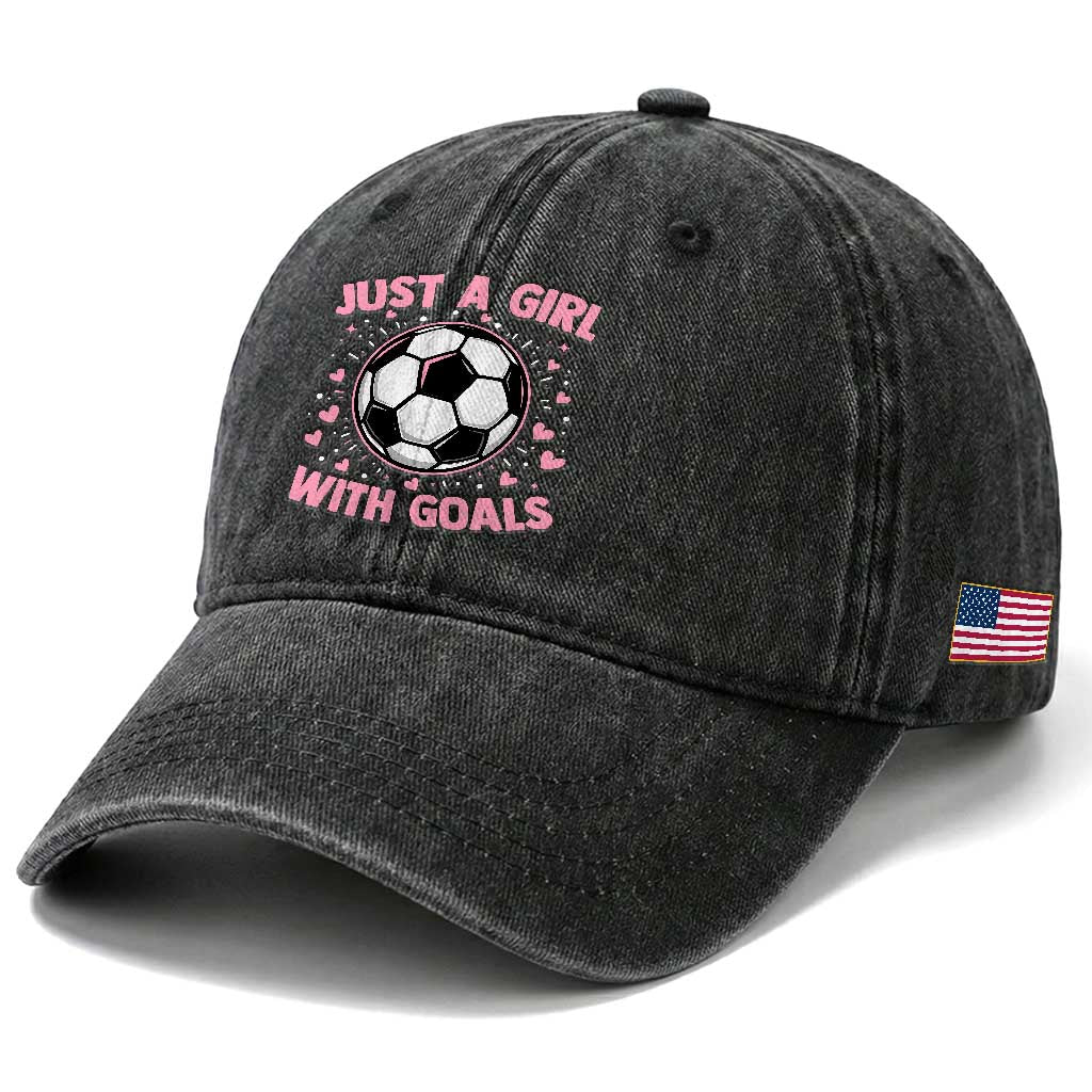 Just A Girl With Goals Washed Cotton Baseball Cap Soccer Player Girl TS12 Print Your Wear