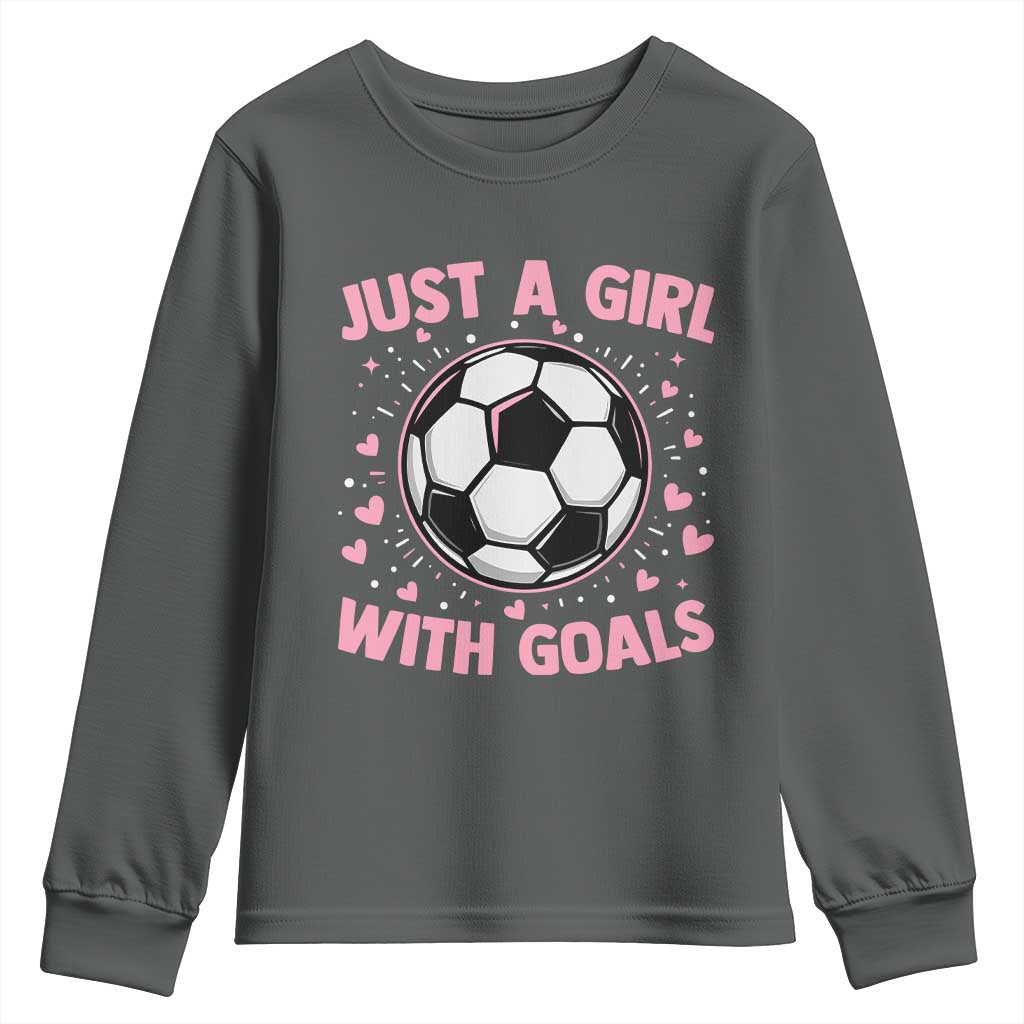 Just A Girl With Goals Youth Sweatshirt Soccer Player Girl TS12 Dark Heather Print Your Wear