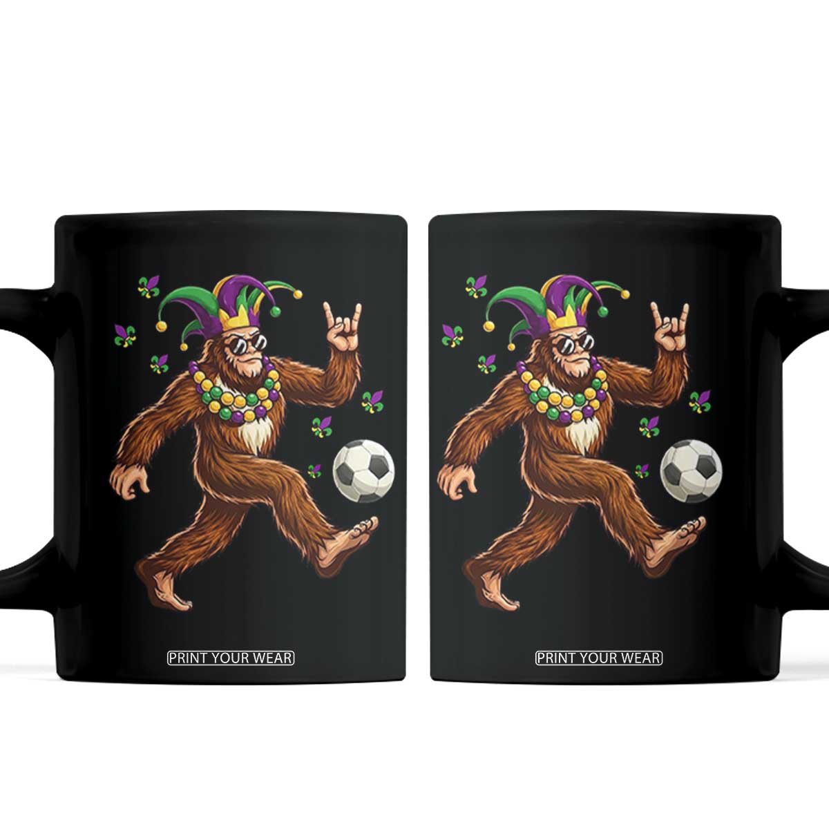 Funny Mardi Gras Bigfoot Playing Soccer Coffee Mug Football Fan Gift TS12 Black Print Your Wear