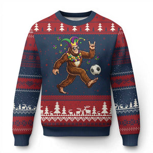 Funny Mardi Gras Bigfoot Playing Soccer Ugly Christmas Sweater Football Fan Gift TS12 Navy Red Print Your Wear